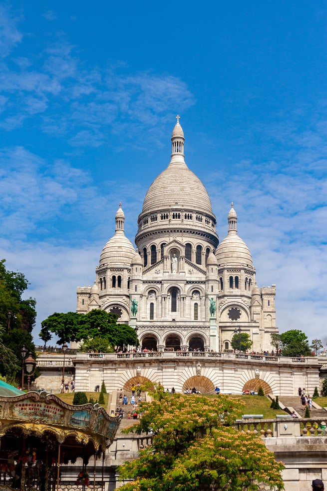 Basilica of Sacre Coeur (Sacred Heart) on Montmartre hill, Paris, France. Attrations, religion or architecture concept